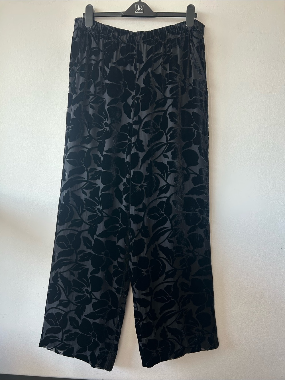 St. John Black Floral Velvet-Devore Silk Blend Wide Pants